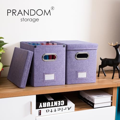 PRANDOM File Organizer Box - Set of 1 Collapsible Decorative Linen Filing Storage Hanging File Folders with Lids Office Cabinet Letter Size Purple (14x9.3x10.8 inch)
