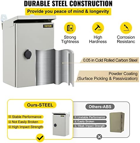 VEVOR Electrical Enclosure, 12'' x 8'' x 6'', UL Certified NEMA 4 Outdoor IP65 Waterproof Cold-Rolled Carbon Steel Hinged Junction Box, with Rain Hood, White Gray, (ULBOX30X20X15)