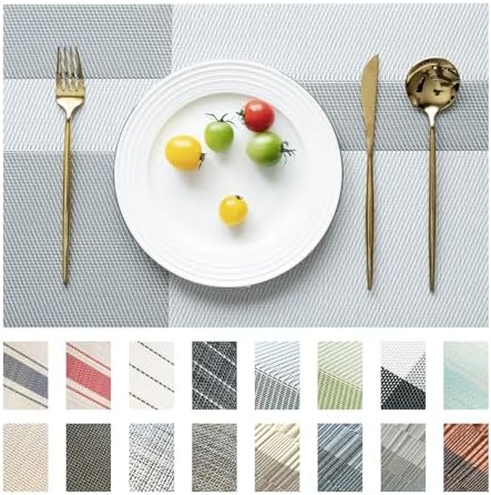 Placemats Set of 4 Vinyl/Plastic Woven Place Mats for Kitchen Table Indoor/Outdoor Washable Placemat Wipeable Dining Table Mats (Silver Cube,4)