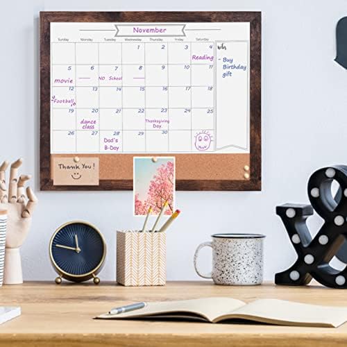 Dry Erase Calendar Whiteboard for Wall, Small Combination Magnetic Dry Erase White Board & Bulletin Board, 13" x 17" Walnut Brown Frame Calendar/Cork Combo Board(WB-3343)
