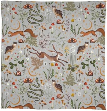 Woodland Animal Tablecloth, Grey Country Forest Hare Squirrel Owl Snake Snail Flowers Mushroom Print Table Cover for Picnic Party Holiday Home Kitchen Dining Table Decor 60x90in