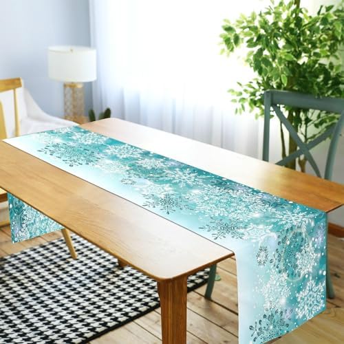 ALAZA Double-Sided Silver Winter Teal Turquoise Snowflakes Christmas Table Runner 18x72 Inches Long,Table Cloth Runner for Wedding Birthday Party Kitchen Dining Home Everyday Decor