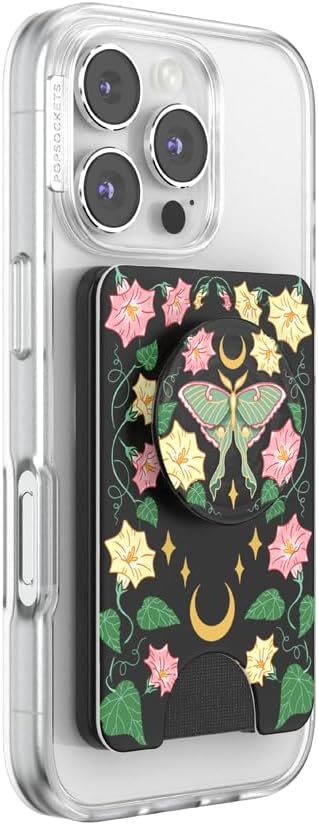 PopSockets Phone Wallet for MagSafe with Grip- Moon Flower | PopWallet, Holds 3 Cards, Magnetic, Removable, Secure, Moon, Star, Sun, Space, Kindle, Paperwhite, Magnetic