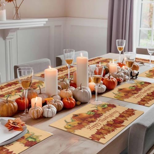 Vandarllin Thanksgiving Holiday Placemats Set of 6, Fall Harvest Pumpkins Cotton Linen Stain Resistant Table Mats Washable Placemat Decoration for Kitchen Dining Table,Autumn