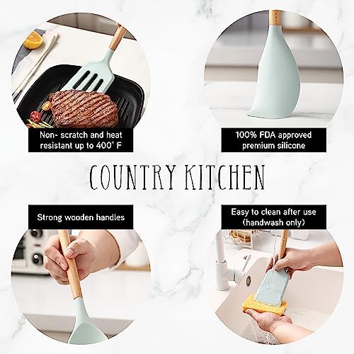 Country Kitchen Non Stick Silicone Utensil Set with Rounded Wood Handles for Cooking and Baking, 14 Piece Set, Mint