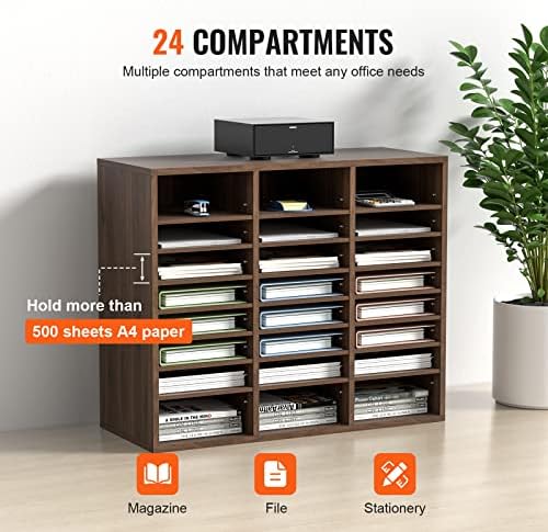 VEVOR 24 Compartments Office Mailbox, Adjustable Shelves, Wood Literature Sorter 29x12x24.4 inches – Ideal for Office, Home, Classroom, Mailrooms Organization – EPA Certified (Brown)