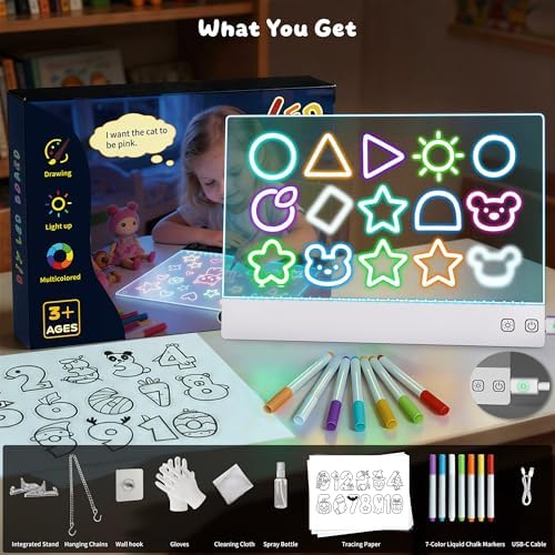 16" Rechargeable LED Drawing Board,13 Light Effects Neon Light Up Drawing Tablet,Dry Erase Glow Doodle Pad with Markers & Tracing Paper,Gift Toy for Boys Girls Birthday Christmas