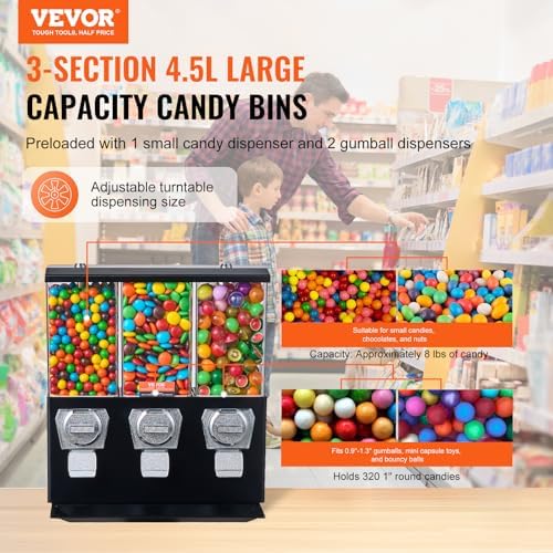 VEVOR Commercial Vending Machine, Triple Compartment Candy Dispenser with Iron Stand, Gumball and Candy Machine for Business, Coin Operated Gumball Bank for Toy Capsules Bouncy Balls Candy Nut, Black