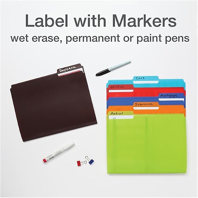 Oxford Plastic File Folders, Letter Size, 1/3 Cut Tabs, 6 Colors, 24 Pack