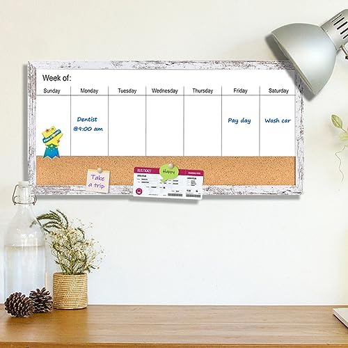 Magnetic Weekly Whiteboard and Cork Board, White Wood Frame, 24" x 12"