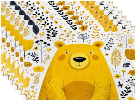 Batmerry Cute The Bear in Mineral Yellow Placemats, Floral Background Washable Linen Table Mats for Kitchen Table Double Insulation Decor Dining Set Indoor Outdoor 12X18 in Set of 6