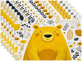 Batmerry Cute The Bear in Mineral Yellow Placemats, Floral Background Washable Linen Table Mats for Kitchen Table Double Insulation Decor Dining Set Indoor Outdoor 12X18 in Set of 6