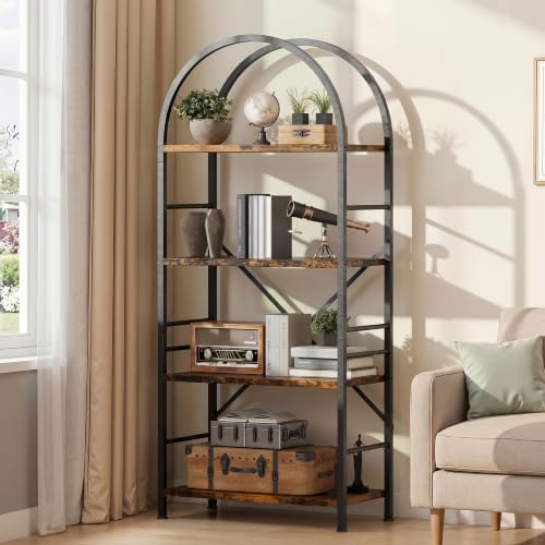 Shintenchi Arched Bookshelf, 4 Tier Bookcase, Tall Storage Shelf, Brown
