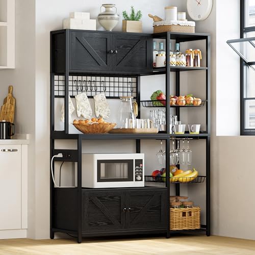 IRONCK Bakers Rack with Cabinet and Power Outlet, Coffee Bar, Vintage Black