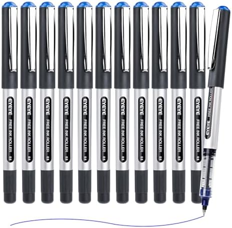 EYEYE Blue Rollerball Pens 0.5mm, 12 Pack Liquid Ink Roller Ball Pen Extra Fine Point Quick Dry, Blue Ink Pens Fine Point Smooth Writing Pen for Journaling, Note Taking, Office, School Supplies