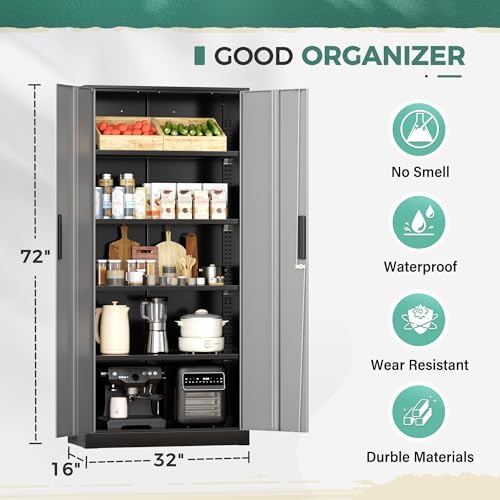 Greenvelly Metal Garage Storage Cabinet with Lock, 72”Metal Storage Cabinet with 2 Doors and 4 Adjustable Shelves, Steel Tool Cabinet for Garage,Home Office, School,Gym (Black Grey)