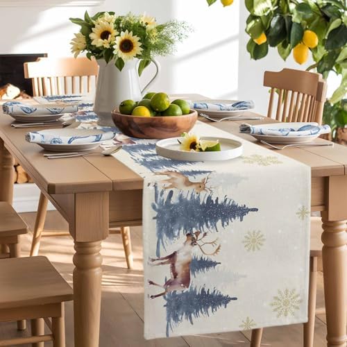 Christmas Table Runner Dresser Scarf 13 x 60 Inch Vintage PineTree Forest Elk Glod Snowflakes Linen Table Runners Non-Slip Heat Resistant Kitchen Dining Table Decor for Home Holidays Indoor Outdoor