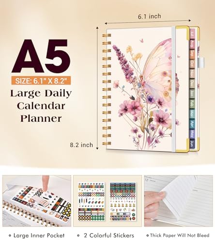 Academic Planner 2026-2027, Hardcover Weekly and Monthly Calendar Planner from July 2026 - June 2027, 6.1" x 8.2" A5 Daily Agenda with Tabs, College School Organizer for Student Teacher, Butterfly Bouquet