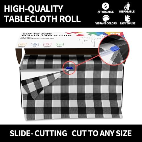 CXPSINC 54 Inch X 300 Feet Plastic Table Cover Roll Disposable Tablecloth with Slide Cutter for All Type/Shape Tables | Party, Banquet, Birthdays, Weddings(Black Checkered, 300 Feet)