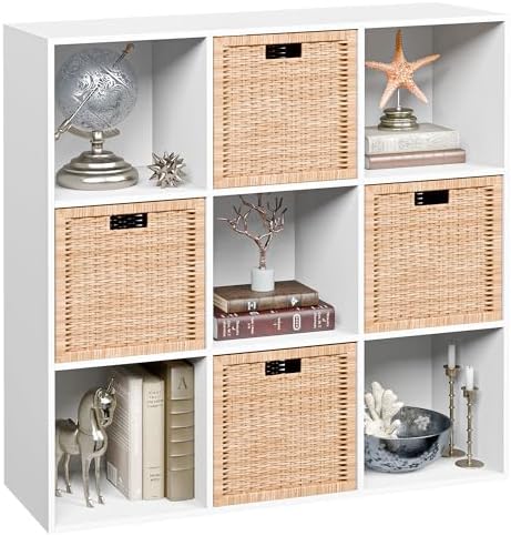 JupiterForce 9 Cube Storage Organizer, Wooden Cube Shelf W/ 5 Removable Back Panels, Customizable Cube Bookcase Bookshelf Freestanding Display Shelf for Home, Office, Bedroom and Living Room (White)