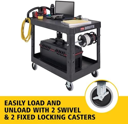 Rubbermaid Commercial Products 2-Shelf Utility/Service Cart, Medium, Flat Shelves, Ergonomic Handle, 500 lbs. Capacity, Ideal for Warehouse/Garage/Cleaning/Manufacturing