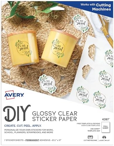 Avery Printable Sticker Paper, 8.5" x 11", Glossy Clear, Permanent Adhesive, Laser/Inkjet Compatible, 7 Full-Size Label Sheets, Great for Product Branding, Cute Stickers, Custom Signs, and More (4397)