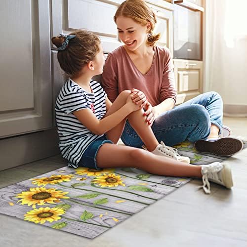 Wood Grain Sunflower Kitchen Rugs and Mats for Floor 2 Piece Sets, Sunflower Kitchen Mat and Gray Wood Grain Floor Rug for in Front of Sink for Standing for Kitchen Decor 17"X30"+17"X47"