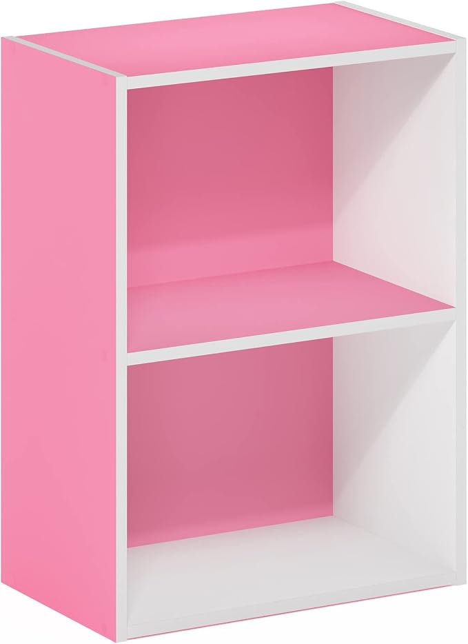 Furinno LUDER 2-Tier Book Shelf, Open Shelves Bookshelf, Pink/White | 9 x 16 x 21, Closed Back, Modern Bookcase, for Living Room, Bedroom, Home Office