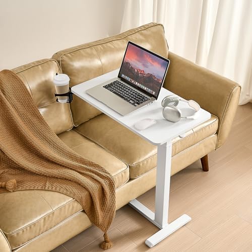 VEVOR Overbed Table, Over Bed Table with Wheels Adjustable Height, Mobile Hospital Bed Table, Rolling Laptop Desk with Fixed Top & Cup Holder, Portable Over Bed Desk for Home, Office, Study, White