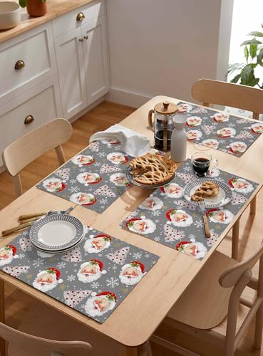 Grey Christmas Placemats Set of 6, Santa Claus Merry Christmas Tree Heat Resistant Washable Table Place Mats Winter Snowflake Cotton Table Linens Party Holiday Decor for Kitchen Dining Outdoor Indoor