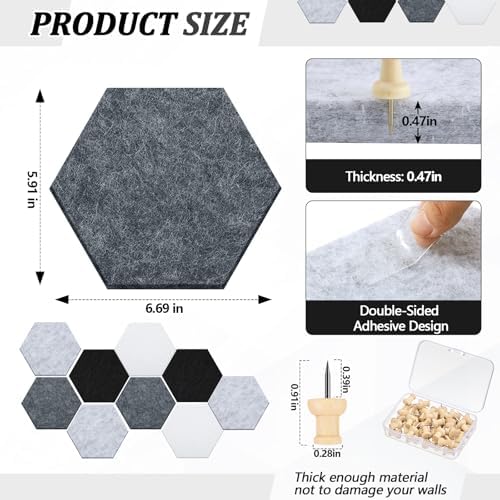 6.7 x 5.9 in 16 Pcs Hexagon Cork Board Tiles, Felt Pin Boards, Grey