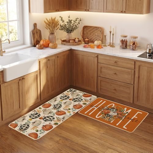Baccessor Fall Pumpkin Basket Kitchen Rugs Set of 2,Thanksgiving Autumn Home Sweet Home Farmhouse Mat Washable Non Slip Low-Profile Indoor Floor Holiday Hallway Laundry Sink Decor 17x29 and 17x47 Inch