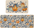 Baccessor Fall Kitchen Rugs Set of 2, Pumpkin Blue Leaf Kitchen Mats for Floor Washable Low-Profile Autumn Holiday Home Indoor Outdoor Decor 17x29 and 17x47 Inch