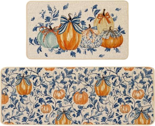 Baccessor Fall Kitchen Rugs Set of 2, Pumpkin Blue Leaf Kitchen Mats for Floor Washable Low-Profile Autumn Holiday Home Indoor Outdoor Decor 17x29 and 17x47 Inch