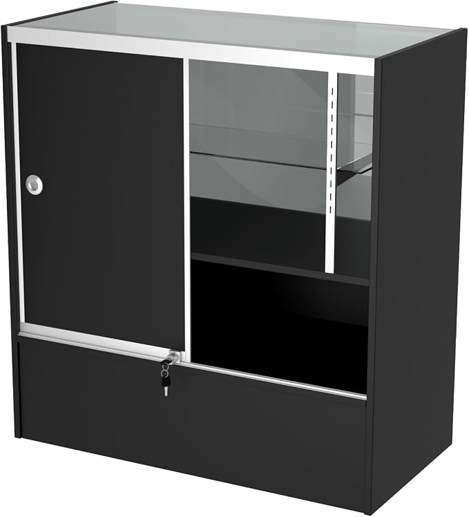 WISDOMFUR 3-Foot Display Showcase, Black, 36" x 18" x 38" | Half Vision Retail Cabinet, Glass Top, Storage Base