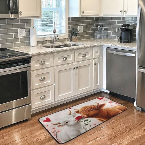 Aslsiy Highland Cow Rose Heart (2) Kitchen Rug Kitchen Mats Valentines Floor Comfort Welcome Washable Non Slip Area Rug for Home Decor 39" X 20"