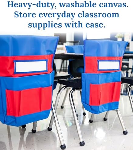 Carson Dellosa Chair Pockets for Classroom, Blue & Red, 6-Pack | Durable 15x19" Chairback Buddy for Classroom Supplies, Desk Buddy Pocket Organizer with Name Tag, Back of Chair Storage