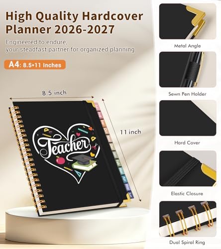 Teacher Planner 2026-2027, July 2026 - June 2027, Academic Weekly & Monthly Calendar Planner with Tabs, 8.5" x 11" A4 Teacher Lesson Plan Book with 7 Periods, Daily Agenda School Organizer for Teacher Student Homeschool, Black Background Pattern