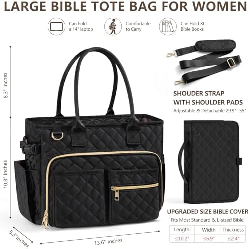 Large Bible Bag with Bible Cover Case for Women, Quilted Church Tote Bag