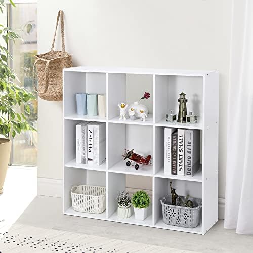 JupiterForce 9 Cube Storage Organizer, Wooden Cube Shelf W/ 5 Removable Back Panels, Customizable Cube Bookcase Bookshelf Freestanding Display Shelf for Home, Office, Bedroom and Living Room (White)