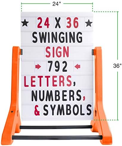 EXCELLO GLOBAL PRODUCTS Swinging Changeable Message Sidewalk Sign: 24" x 36" Sign with 792 Pre-Cut Double Sided Letters and Storage Box. Includes Black Board & Letter Board (Orange Color Legs)