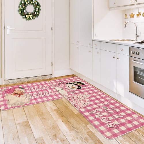 JarThenaAMCS Christmas Kitchen Mat Set of 2 Pink Plaid Santa Snowman Kitchen Floor Mats Winter Non-Slip Door Rugs for Xmas Party Home Entrance, 17 x 29 Inch & 17 x 47 Inch