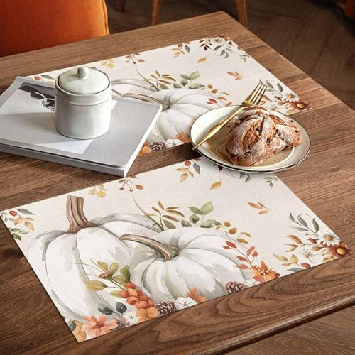 Fall Floral Leaves Placemat, Thanksgiving Pumpkins Heat Resistant Washable Table Place Mats Boho Cotton Table Linens Party Holiday Decorations for Home Kitchen Dining Table Outdoor Indoor,