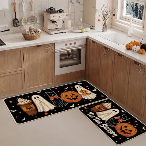 Baccessor Halloween Ghost Kitchen Rugs Set of 2,Tis The Season Spooky Pumpkin Black Cat Mat Rug Indoor Outdoor Low-Profile Non Slip Absorbent Floor Mats for Home Holiday Decor 17x29 and 17x47 Inch