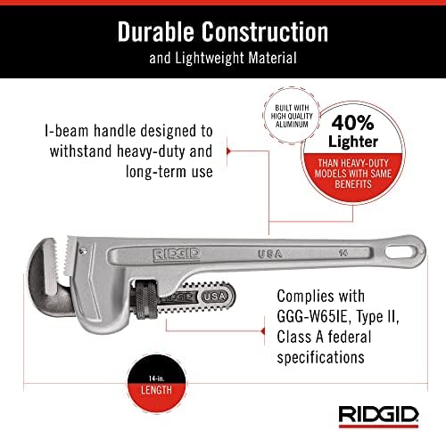 RIDGID 31095 Model 814 Aluminum Straight 14" Plumbing Pipe Wrench, Silver, Made in the USA