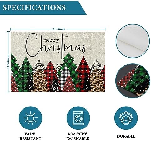 Merry Christmas Placemats Set of 6, Buffalo Plaid Xmas Tree Winter Forest Farmhouse Heat Resistant Washable Table Place Mat Red Green Table Linens Party Holiday Decor For Kitchen Dining Outdoor Indoor