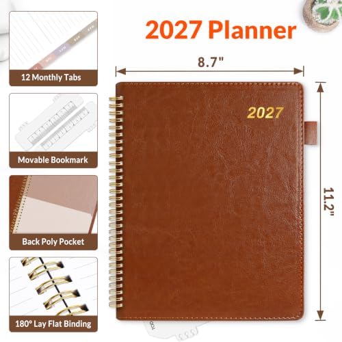 SUNEE 2027 Weekly & Monthly Planner 9"x11.2"- 12 Month (January 2027 - December 2027), Vegan Leather Cover, Pocket, Bookmark, Notes, Monthly Tab, Brown