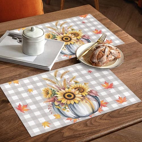 Fall Pumpkins Leaves Placemats Set of 6, Thanksgiving Heat Resistant Washable Table Place Mats Rustic Farmhouse Gray Buffalo Plaid Table Linens Party Decor for Home Kitchen Dining Outdoor Indoor