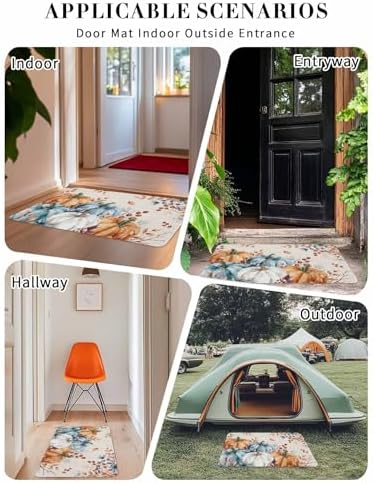 Fall Door Mat Orange Blue Pumpkin Doormat Autumn Floral Maple Leaves Harvest Thanksgiving Welcome Mat Non Slip Rubber Entryway Front Rug Floor Mat for Indoor Outdoor Kitchen Autumn Holiday Decor 20x32