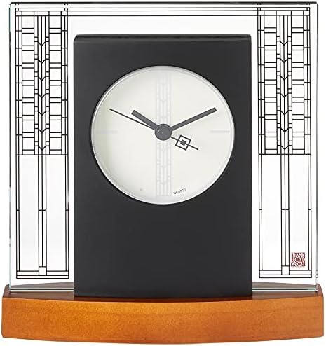 Bulova Glasner House Desk Clock B7750 | 6.25" Cherry Wood Base with Frank Lloyd Wright Art Glass Design | Silent Sweep Quartz Movement | Battery Operated | Architectural Accent Clock
